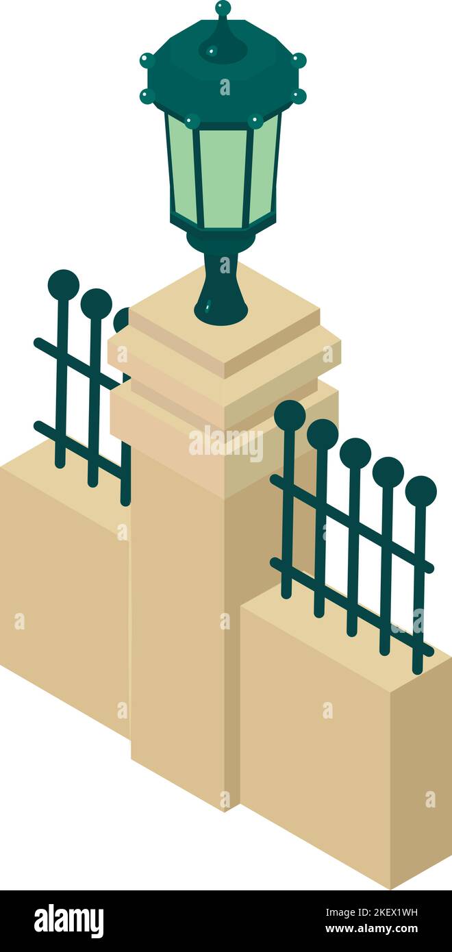 Icône Elément de clôture vecteur isométrique. Clôture avec pilier en pierre et éclairage de rue. Élément architectural classique Illustration de Vecteur