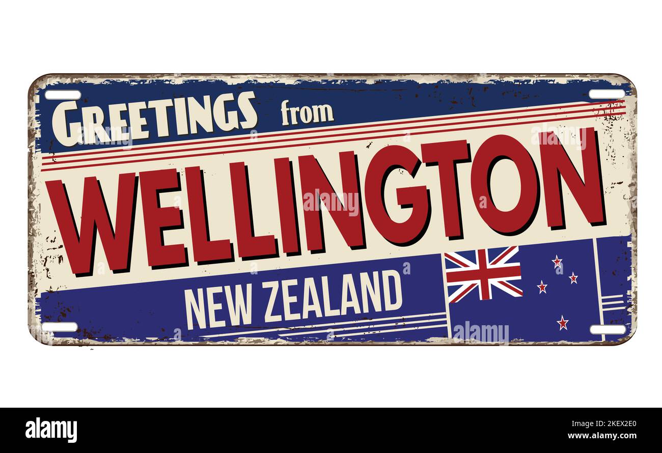 Bienvenue à la plaque d'immatriculation rouillée d'époque Wellington sur fond blanc, illustration vectorielle Illustration de Vecteur
