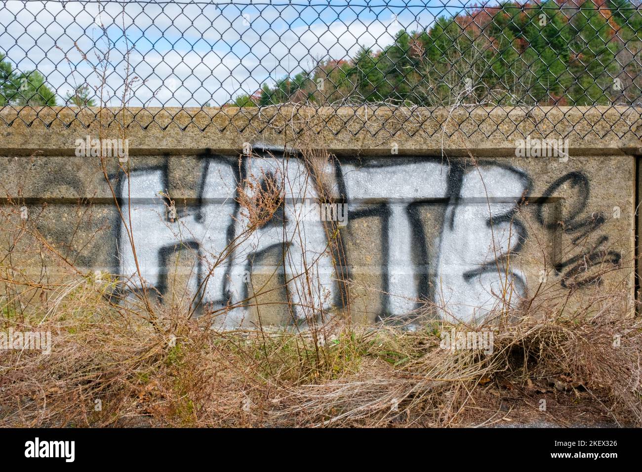 Graffitis mot «HAINE» peint sur un mur de ciment en lettres blanches à l'extérieur. Banque D'Images