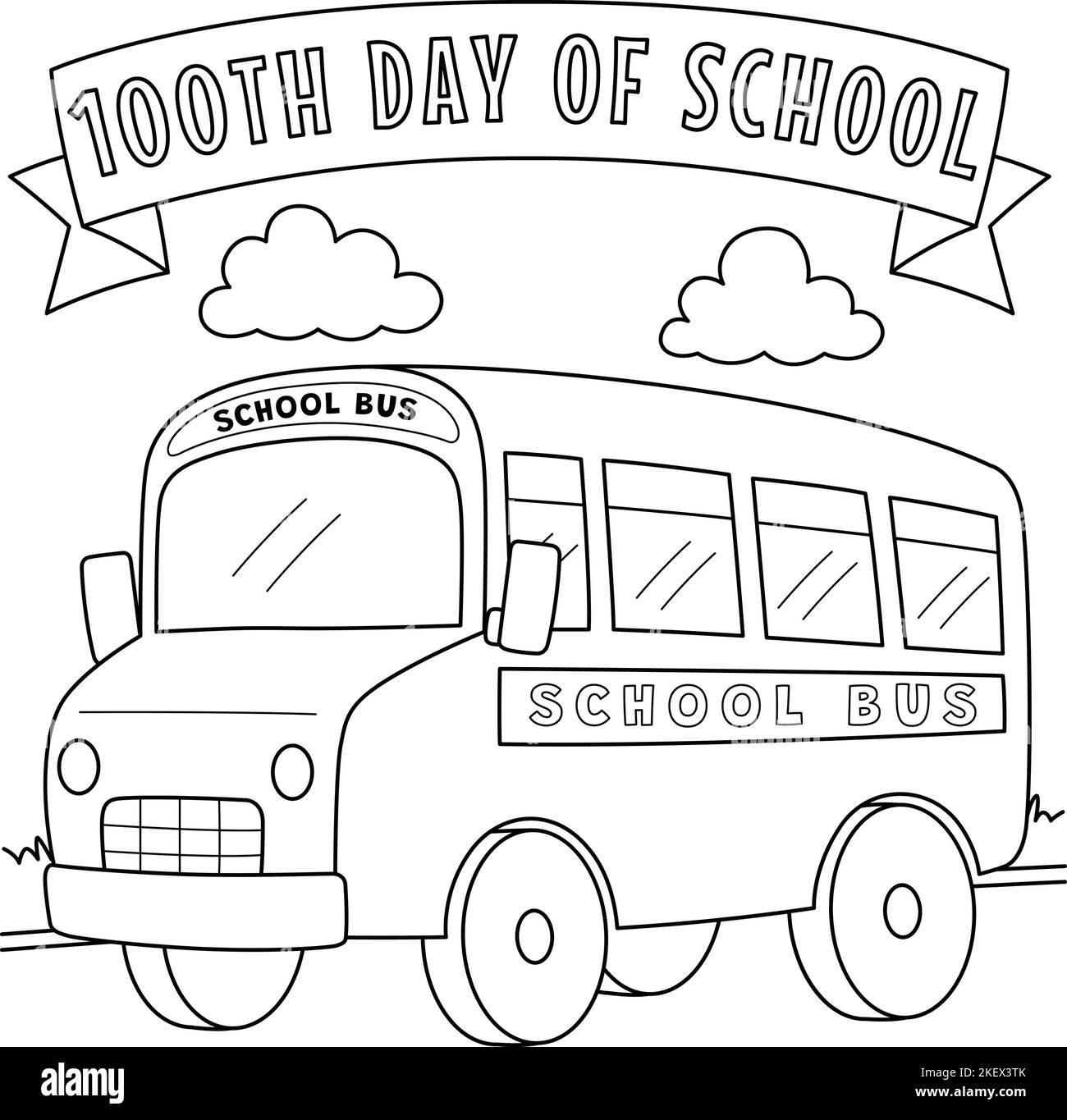 100th Journée de l'école bus coloriage page pour les enfants Illustration de Vecteur