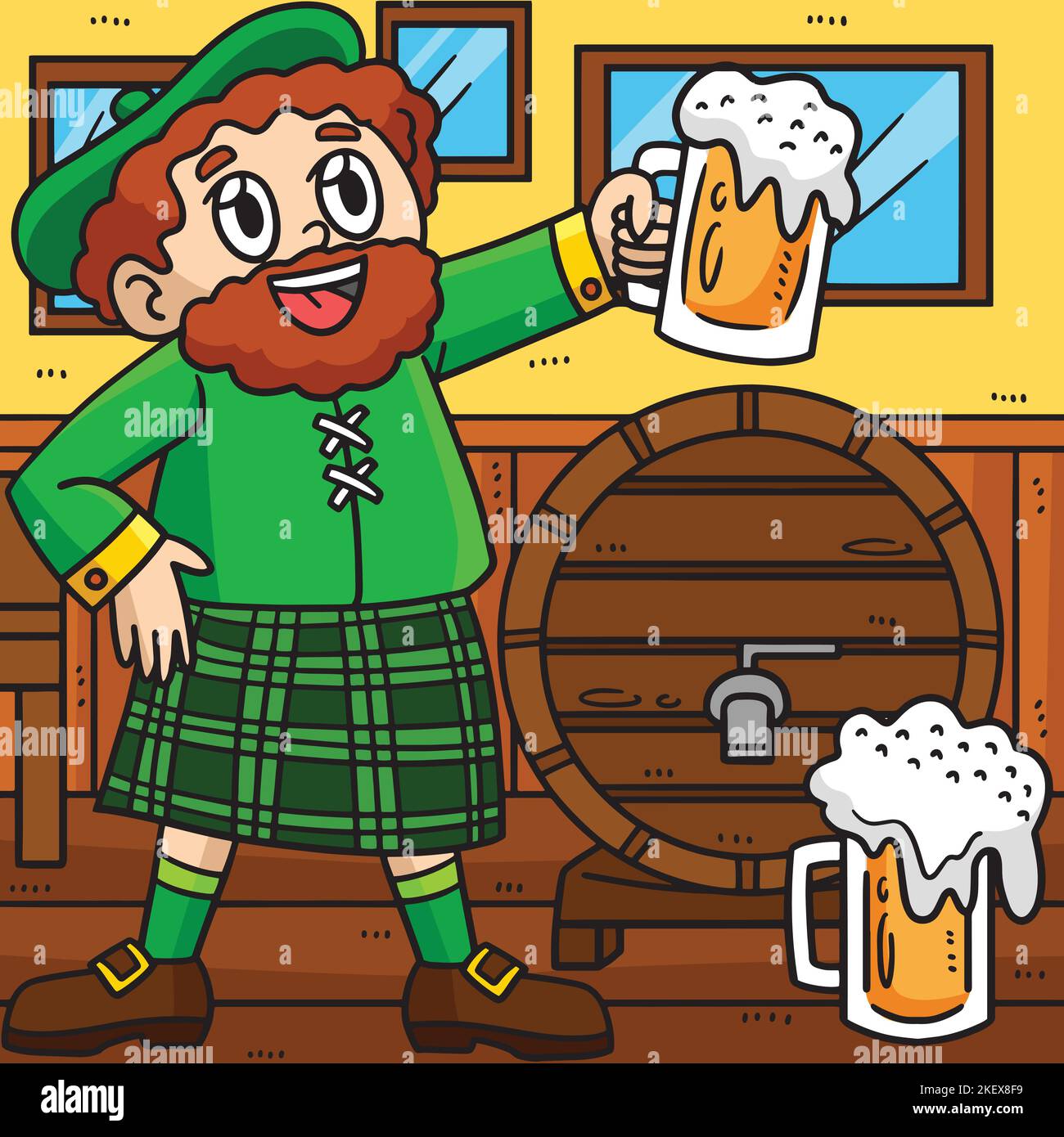 St. Patrick Day Man Drinking Beer Coloured Cartoon Illustration de Vecteur