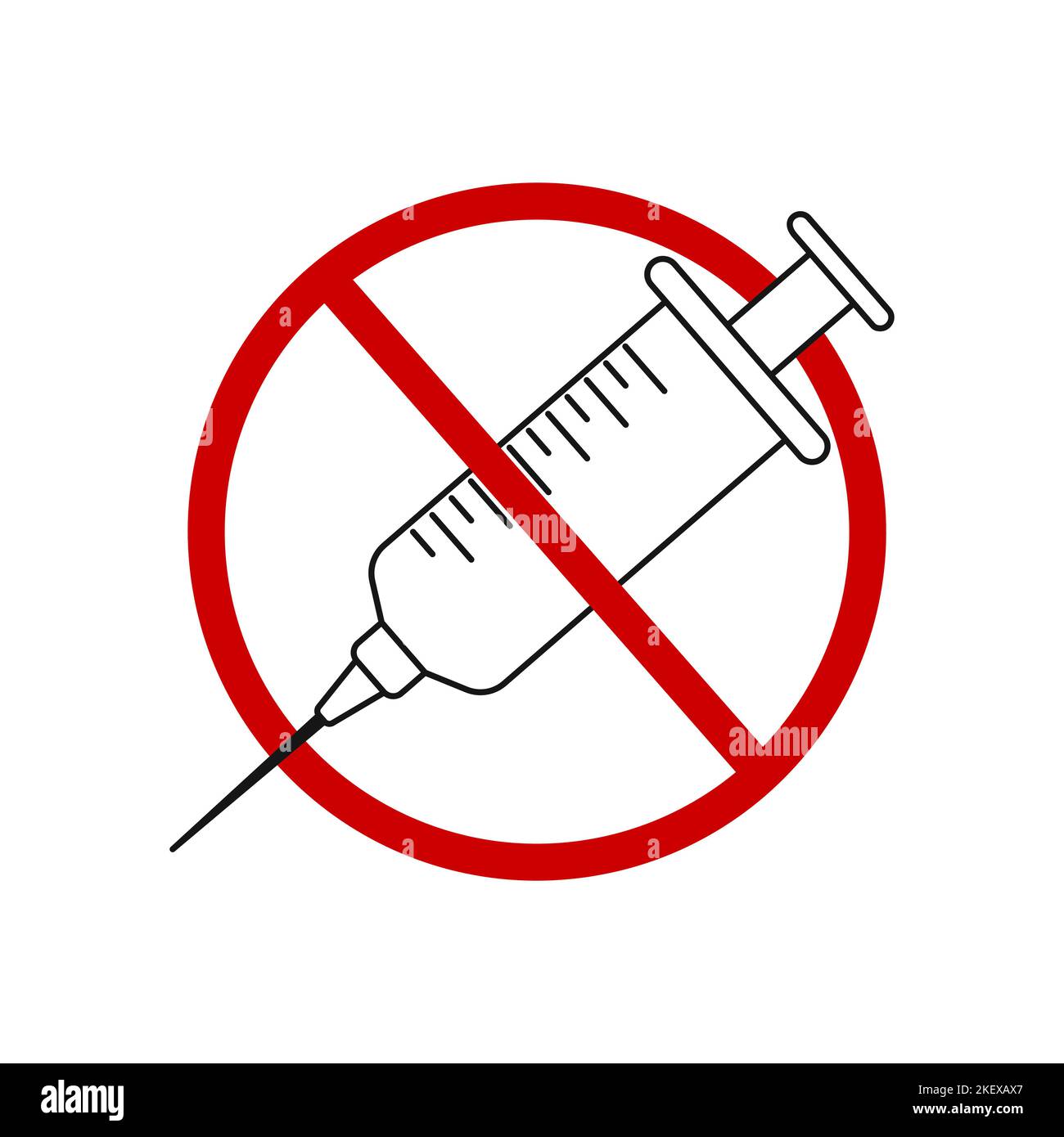 Symbole Arrêt stupéfiant. Icône anti-vaccination. Pas de concept de drogue. Seringue traversée par un signe rouge interdit isolé sur fond blanc. Illustration graphique vectorielle. Illustration de Vecteur