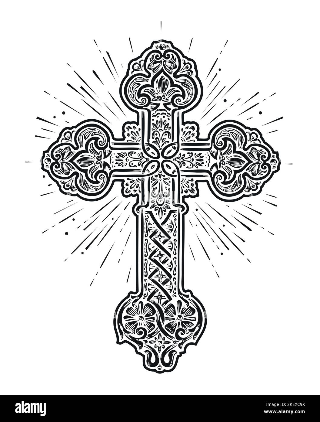 Croix chrétienne brillante et ornée. Signe de l'église. Symbole de foi en Dieu. Esquisser une illustration vectorielle vintage Illustration de Vecteur