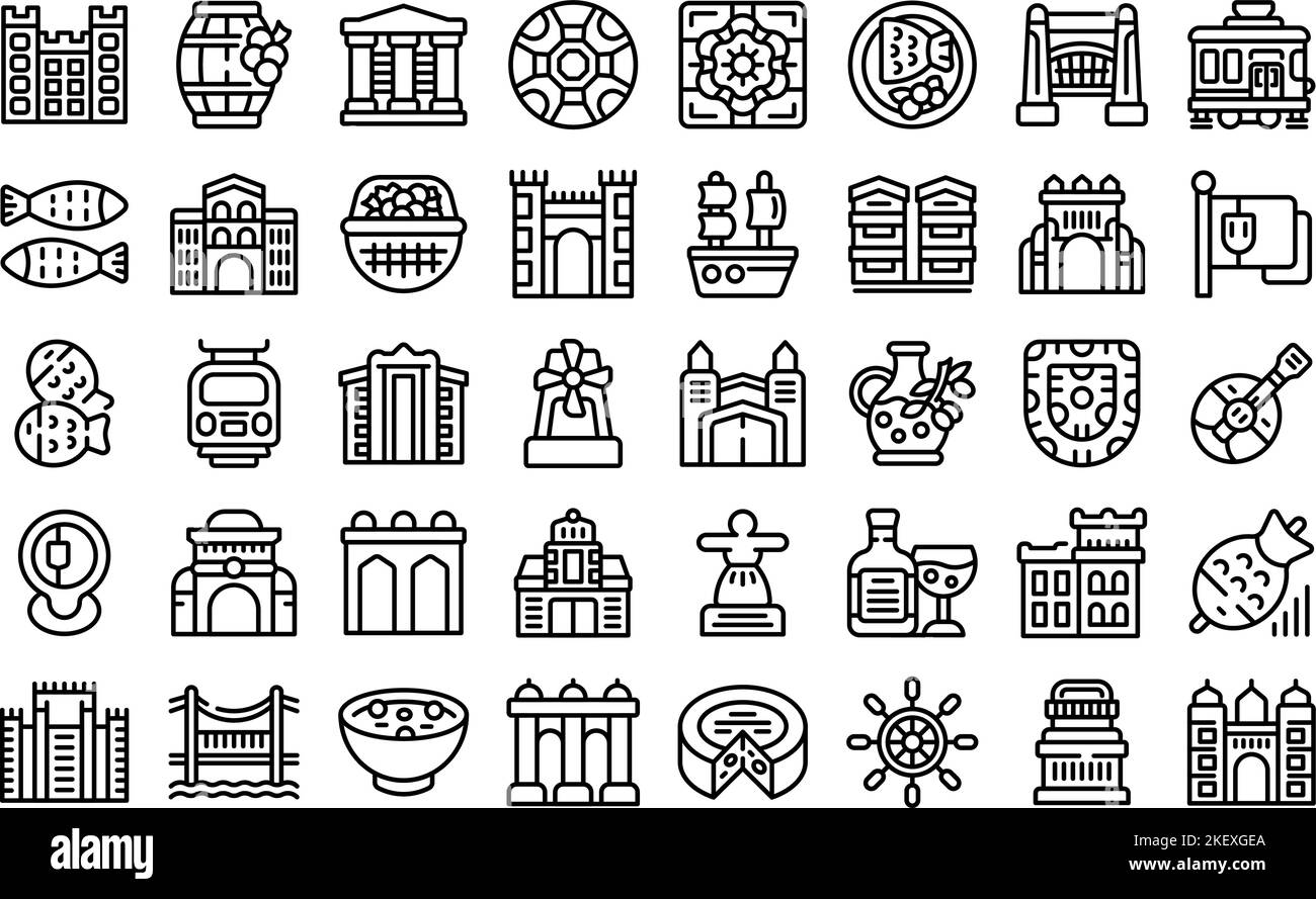 Les icônes de Lisbonne définissent un vecteur de contour. Portugal château. Voyages en ligne Illustration de Vecteur