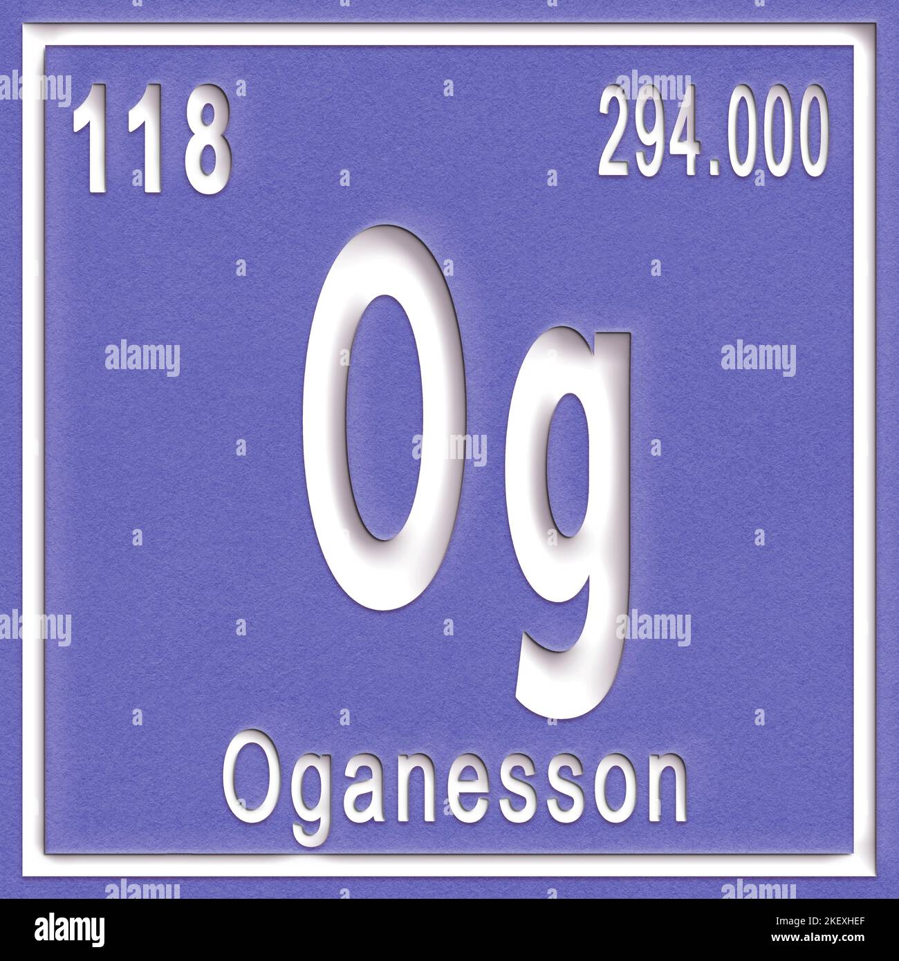 Élément chimique Oganesson, signe avec numéro atomique et poids atomique, élément du tableau périodique Banque D'Images