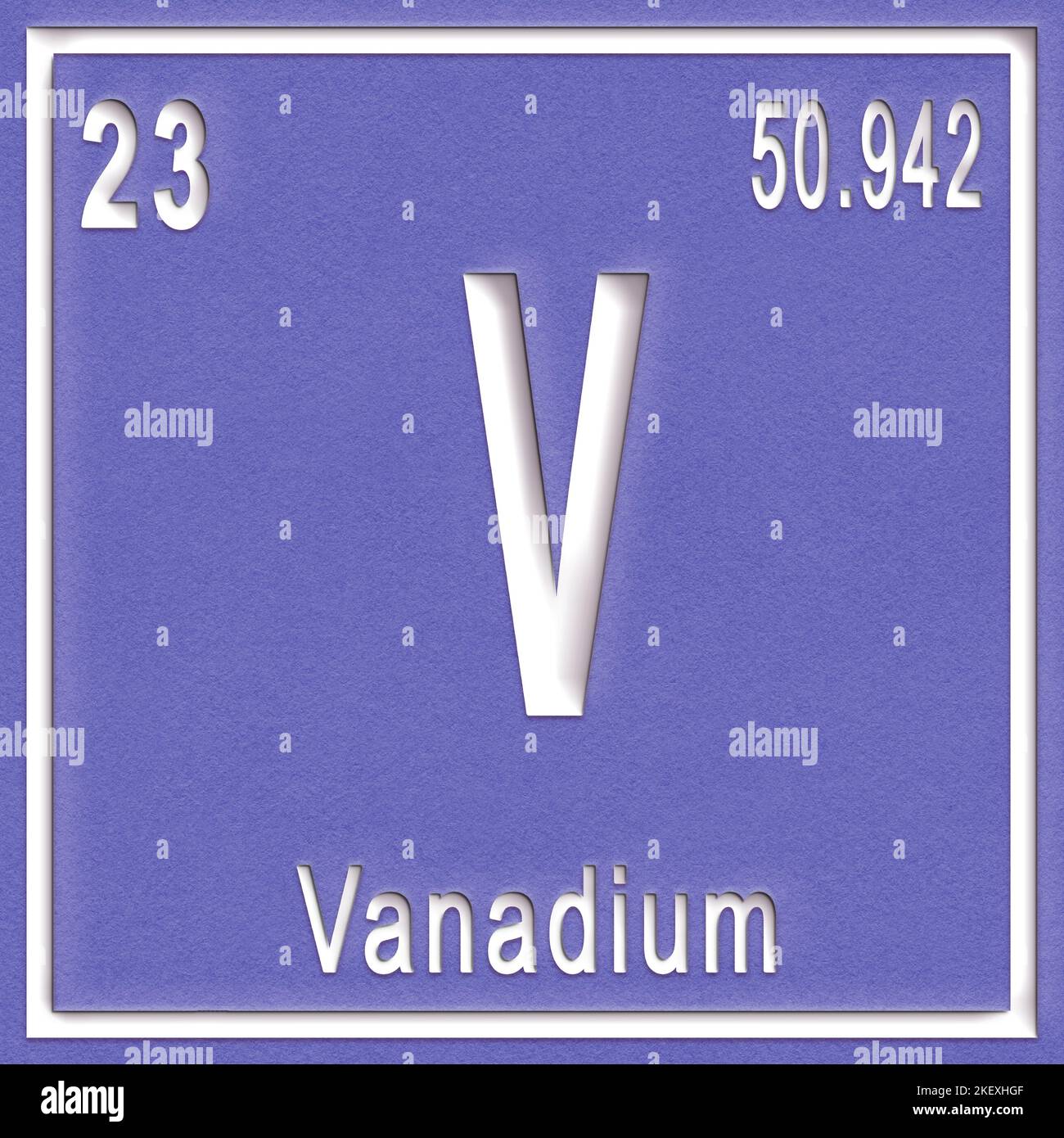 Élément chimique en vanadium, signe avec numéro atomique et poids atomique, élément du tableau périodique Banque D'Images