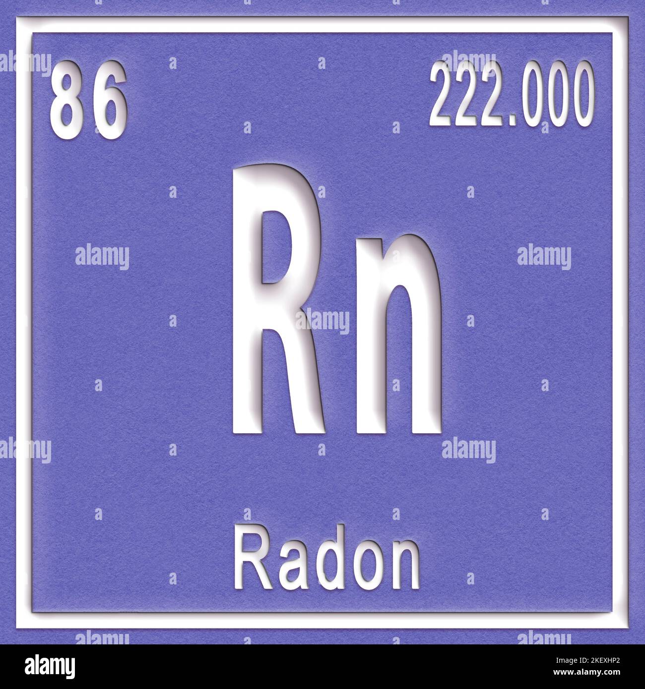 Élément chimique de radon, signe avec numéro atomique et poids atomique, élément du tableau périodique Banque D'Images