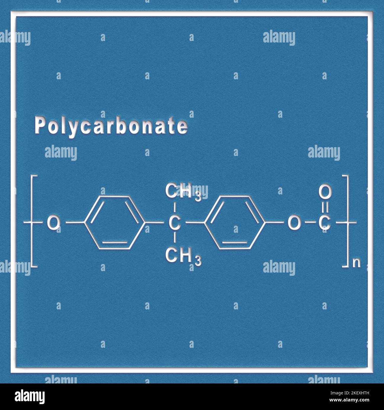 Polycarbonate PC Lexan, formule chimique structurelle sur fond blanc Banque D'Images