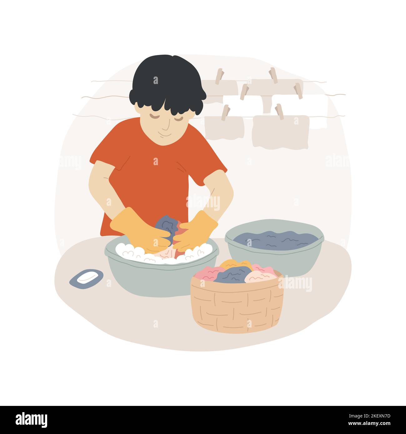 Illustration vectorielle de dessin animé isolée pour le lavage de vêtements. Enfant se lavant des vêtements dans un seau, montessori pratique art de la vie, pendre des tissus sur la grille de séchage, soin de l'environnement de la maison dessin animé vecteur. Illustration de Vecteur