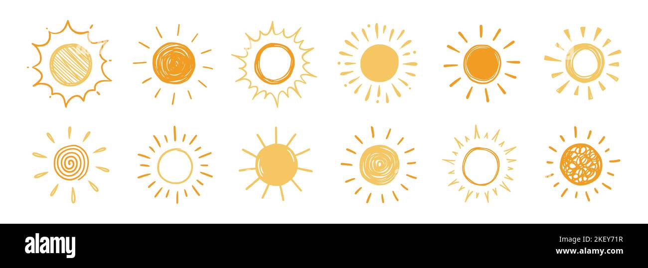 Illustration de l'esquisse du soleil de Doodle. Mignonne à la main jaune, orange soleil set. Gribouillage pour les enfants. Illustration vectorielle Illustration de Vecteur