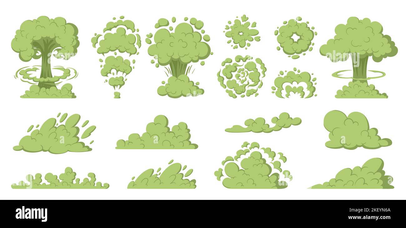 Bande dessinée mauvaise odeur nuages toxiques, pustules, émissions, pollution de l'air, nuages de poussière de fumée. Nuages de bandes dessinées avec une odeur désagréable, fumée de cigarettes, vapeur de cuisson. Ensemble vectoriel de fumées caustiques. Illustration de Vecteur