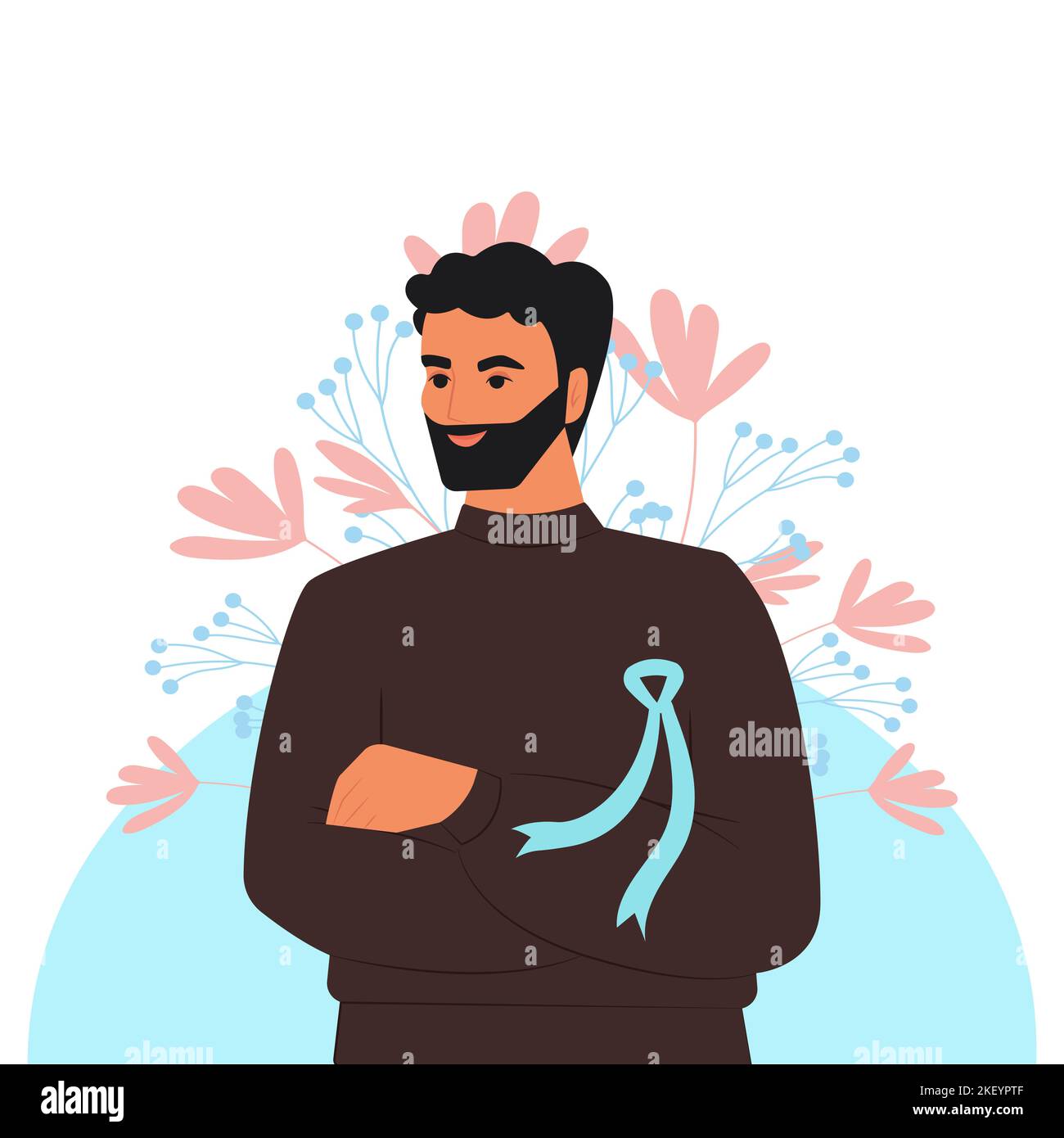 Un jeune homme porte un ruban bleu, symbole de la lutte contre le cancer de la prostate, bannière vectorielle dans un style plat Illustration de Vecteur