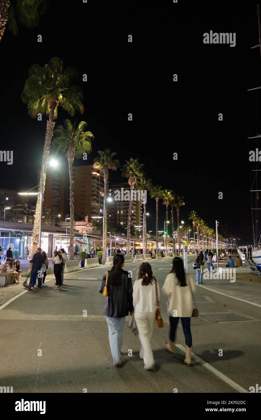 Port de Málaga la nuit, Espagne. Banque D'Images