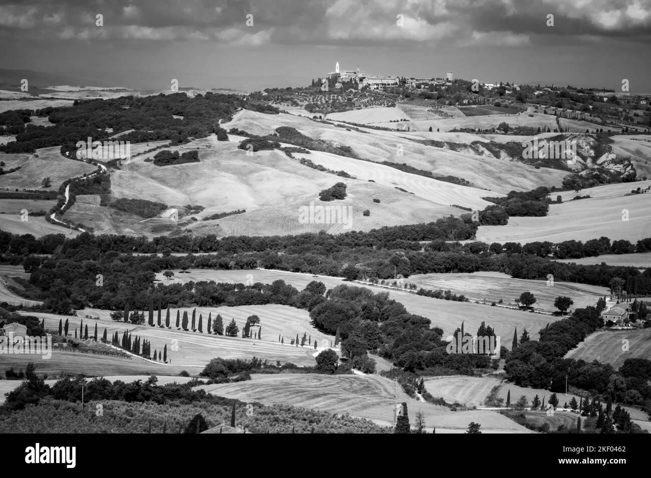 Photo en niveaux de gris d'une chaîne de montagnes couverte de champs de culture et d'arbres Banque D'Images