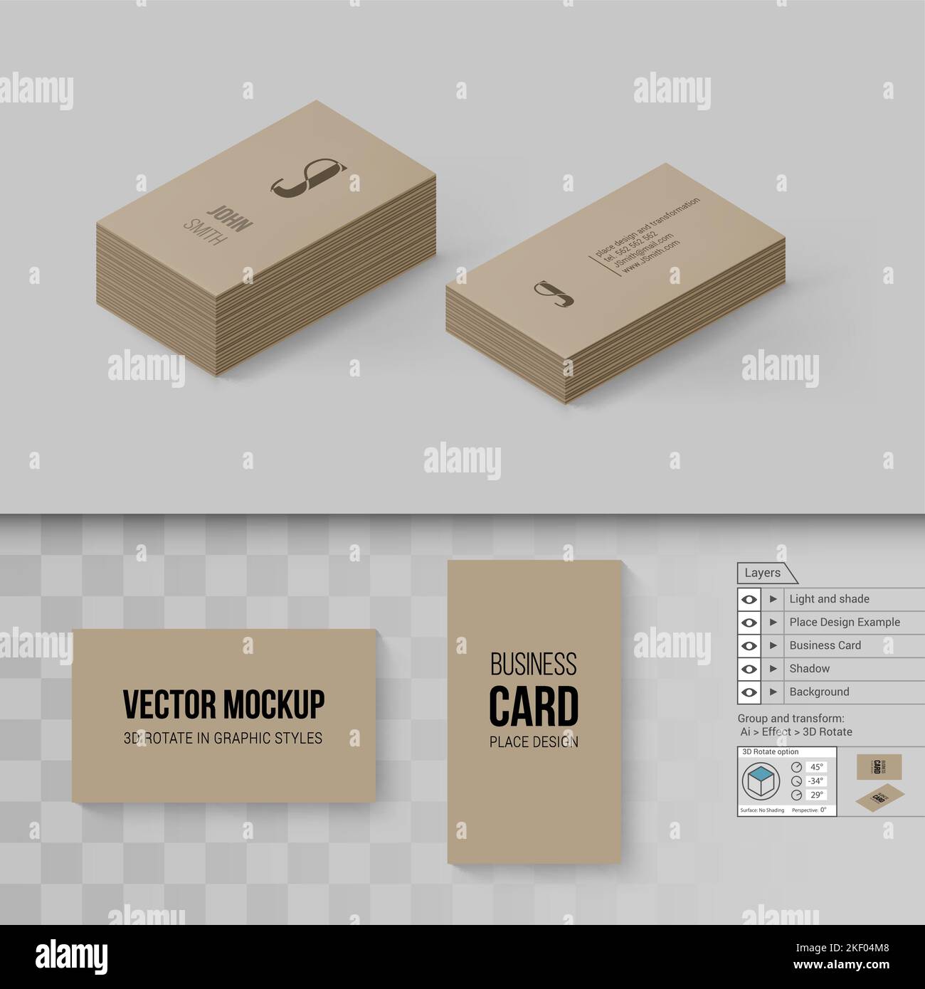 Modèle de cartes de visite marron. Modèle de marquage avec 3D options de rotation sur fond gris et transparent Illustration de Vecteur