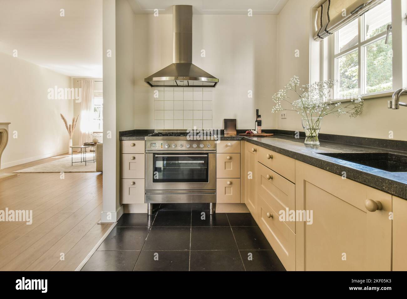 Décoration intérieure d'appartement loft moderne avec cuisine ouverte dans un style minimaliste et spacieuse salle à manger avec table et chaises Banque D'Images