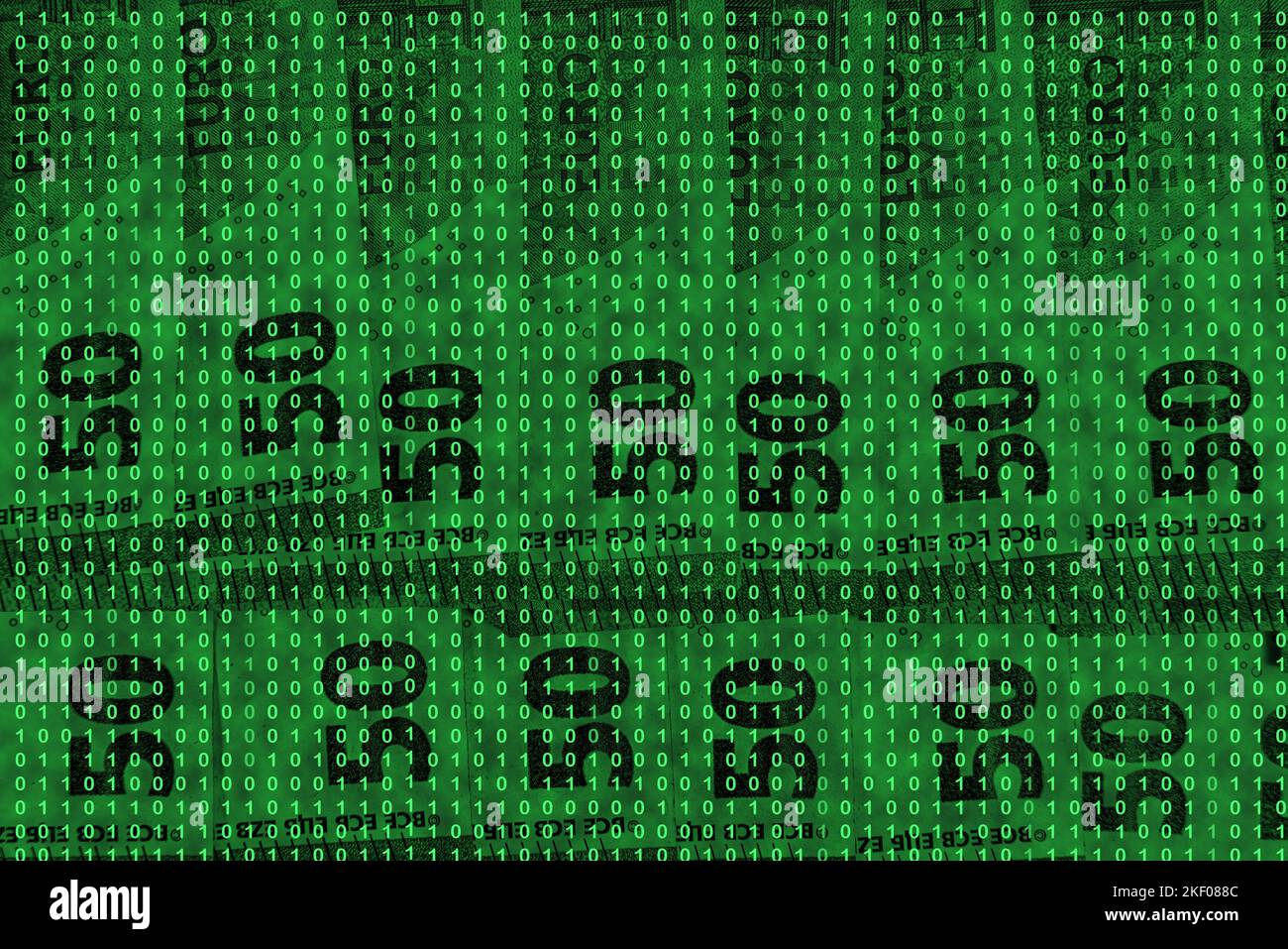grille de code binaire à partir de nombres verts clairs sur le fond des billets en euros, concept de commerce électronique Banque D'Images