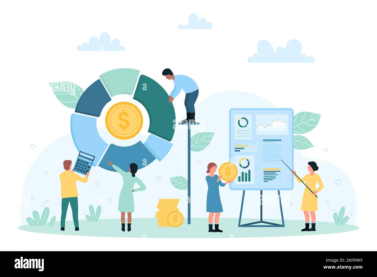 Analyse des affaires, présentation de statistiques financières illustration vectorielle. Cartoon minuscules personnes analysent le graphique circulaire et le diagramme en anneau sur le tableau de rapport, les analystes tenant la pièce d'argent et la calculatrice Illustration de Vecteur
