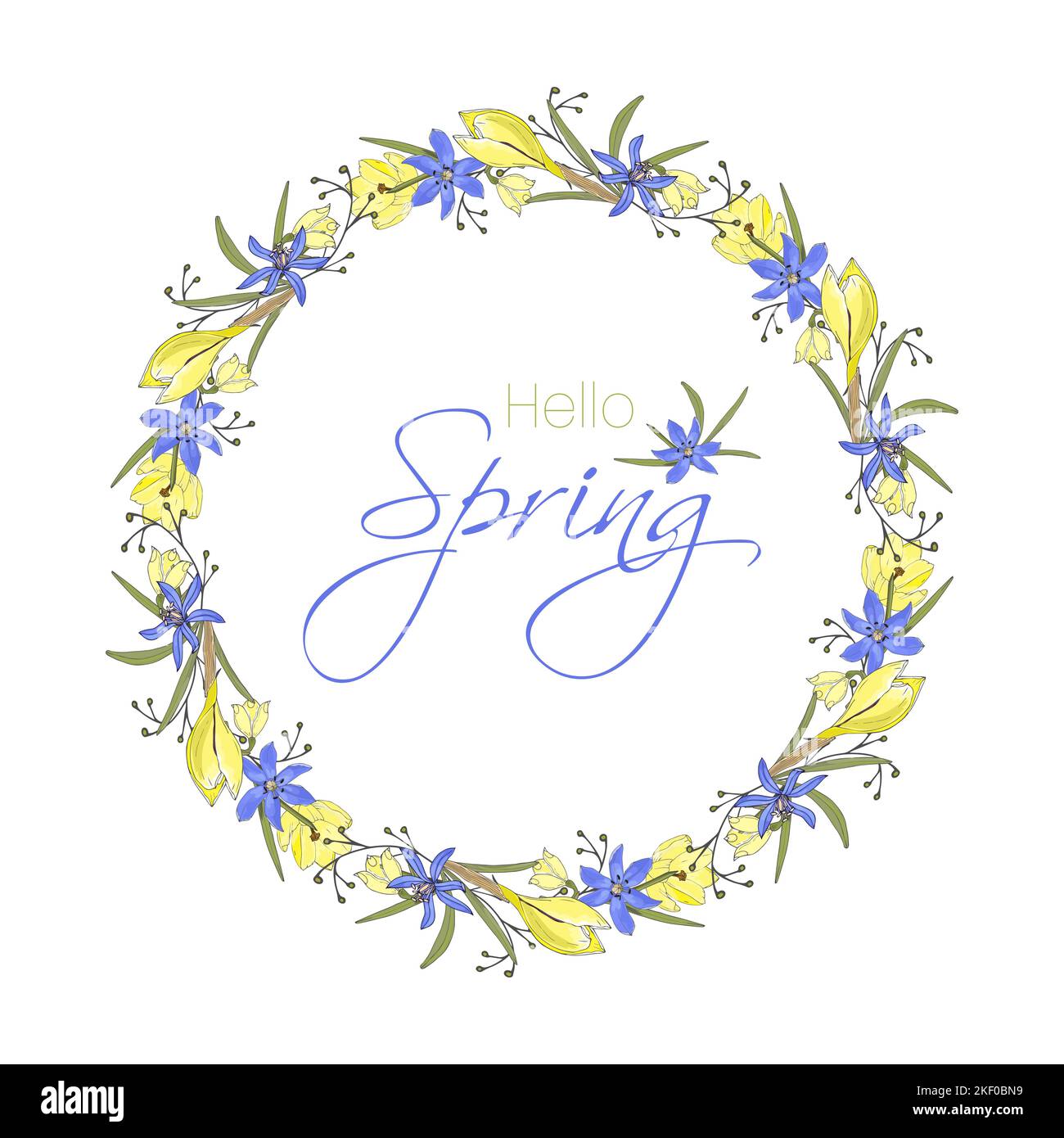 Carte de lettrage Hello Spring avec couronne à motif de fleurs jaunes et violettes dessinées à la main. Illustration vectorielle Illustration de Vecteur
