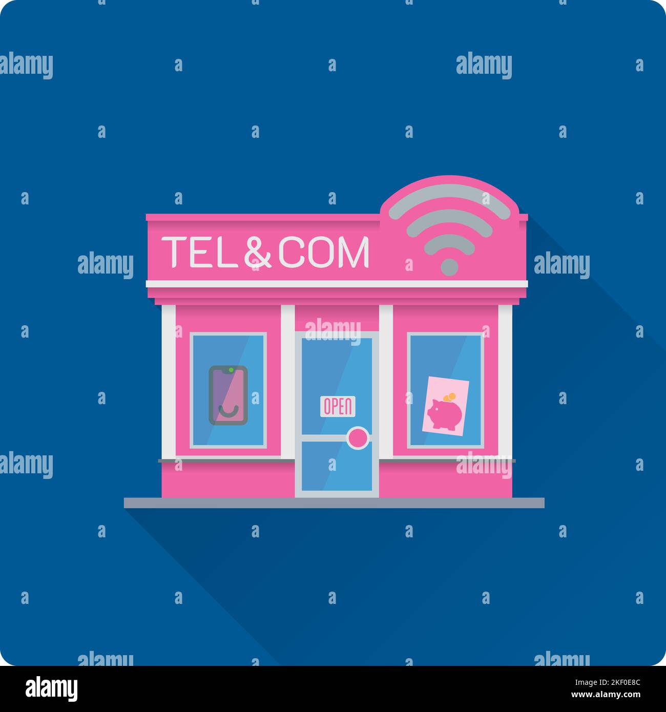 Conception plate téléphone à ombre longue et équipement de communication pour stocker l'illustration vectorielle du bâtiment. Boutique Telco Illustration de Vecteur