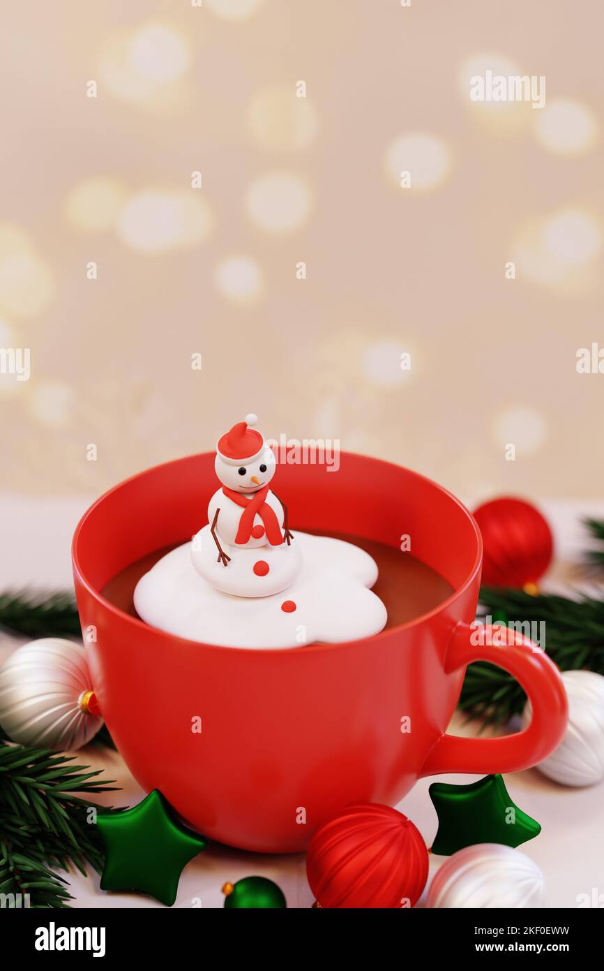 Tasse rouge au cacao et bonhomme de neige de Noël avec lumières de Noël. 3D rendu Banque D'Images