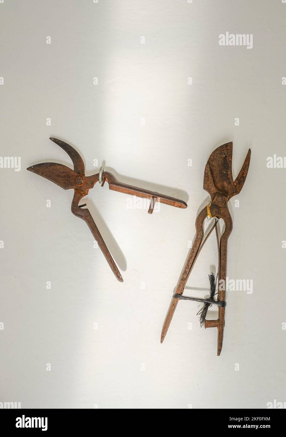 Vieux outils agricoles millésimés exposés au Musée ethnologique Mijas, Andalousie, Espagne Banque D'Images