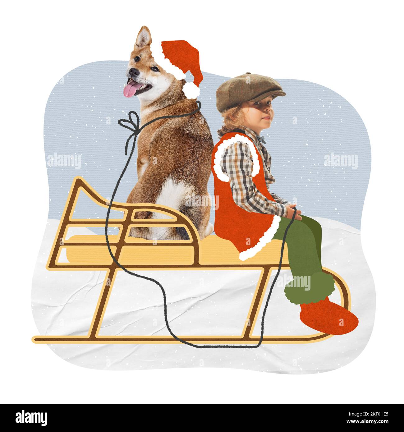 Collage d'art contemporain. Design créatif avec un petit garçon, un enfant assis sur des traîneaux avec un chien. S'amuser en vacances. Concept de Noël, nouvel an Banque D'Images