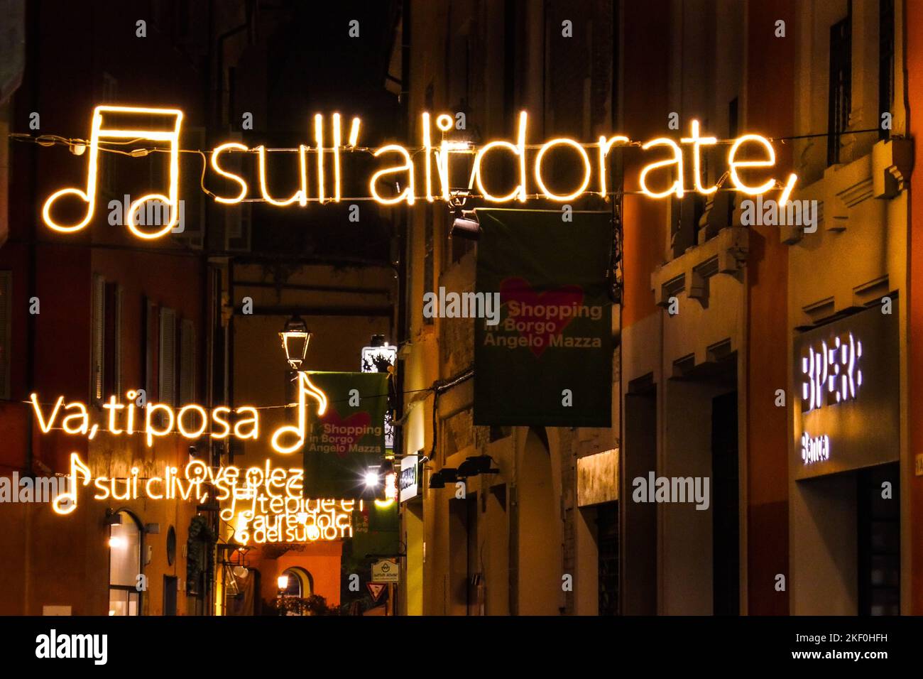 Une rue à Parme la nuit avec des enseignes au néon accrochées au-dessus Banque D'Images