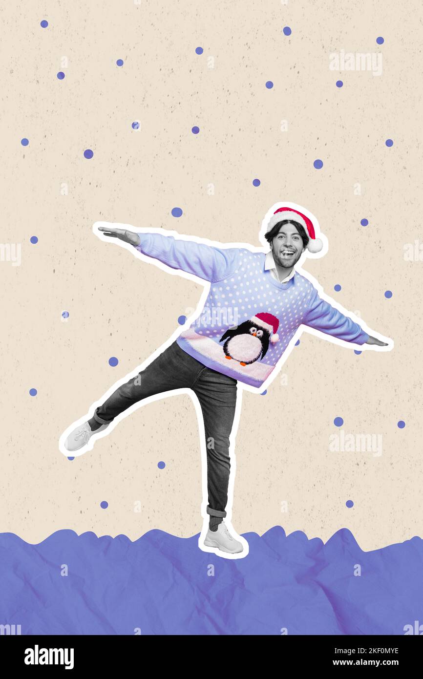 Image de collage vertical de positif gai Guy noir blanc couleurs stand une jambe bras ailes tombant neige isolée sur fond créatif Banque D'Images