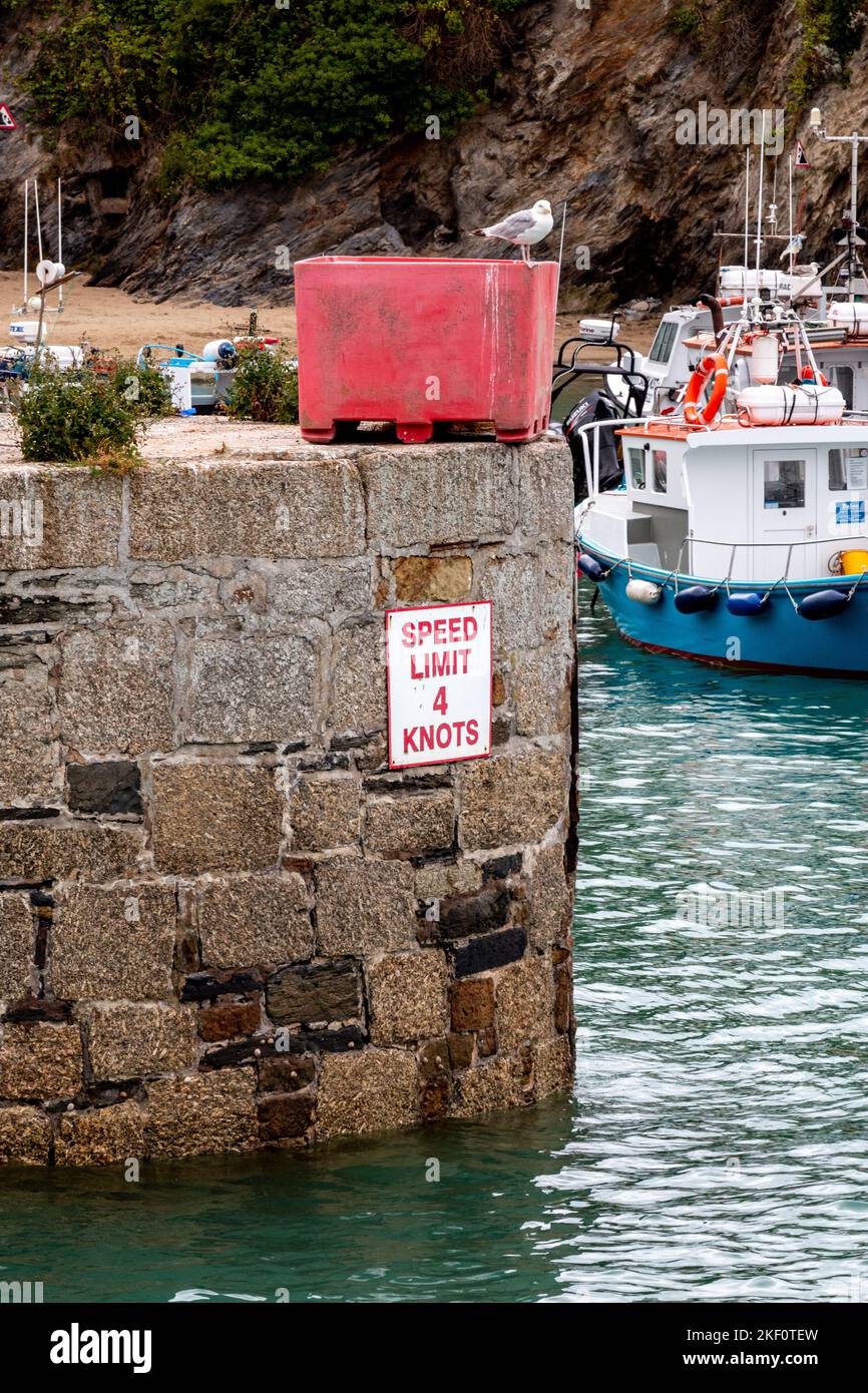 Un panneau indiquant que la limite de vitesse est de 4 noeuds à Newquay Harbour, Cornwall, Royaume-Uni. Banque D'Images