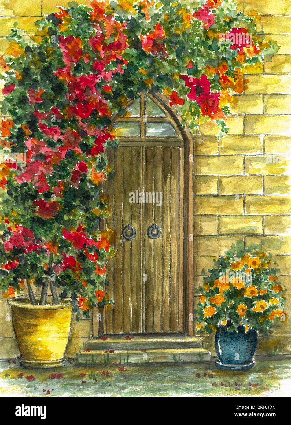 Peinture aquarelle de la porte de jardin en bois avec des roses et des fleurs de lierre. Peint par le photographe. Banque D'Images