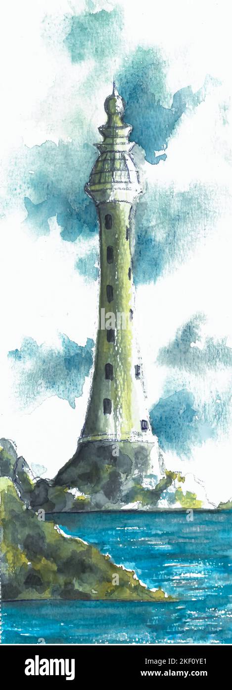 Peinture aquarelle du phare sur les rochers, mer et ciel nuageux. Peint par le photographe. Banque D'Images