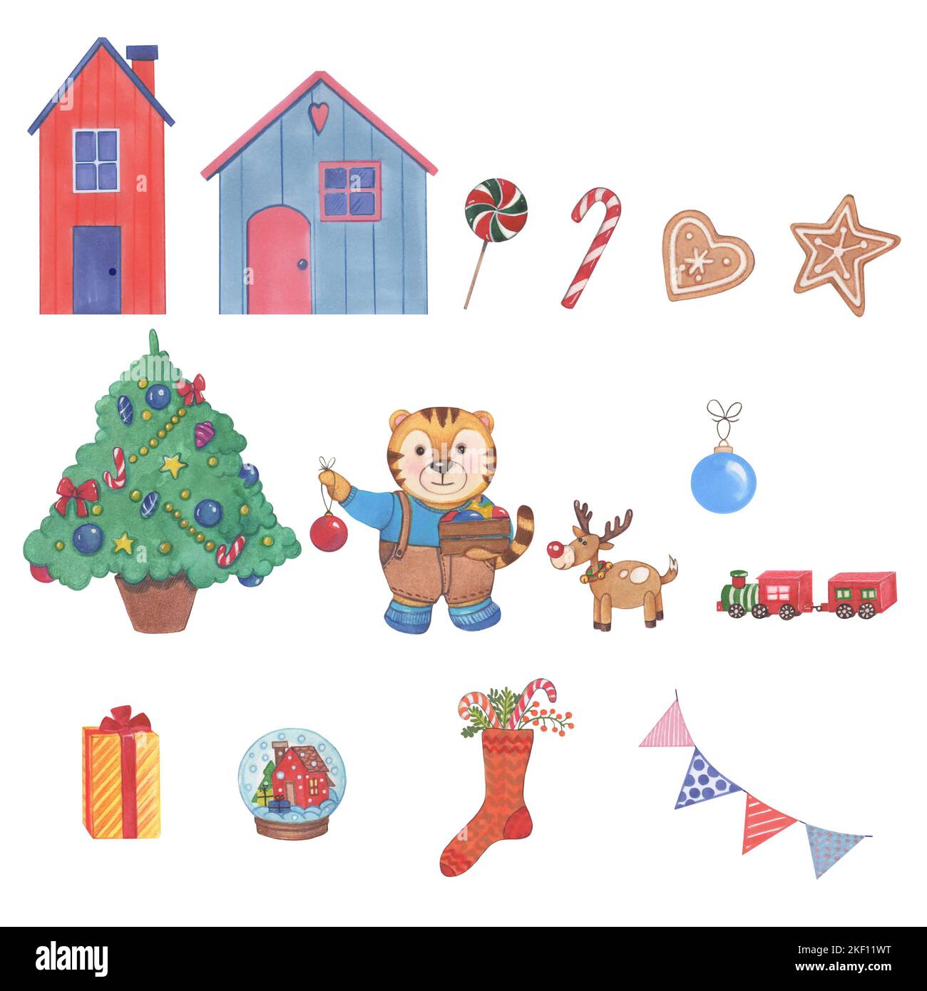 Noël aquarelle tigre, arbre de Noël vert, bonbons, lollypop, maisons d'hiver, sapin et cadeaux. Nouvelle année définie. Banque D'Images