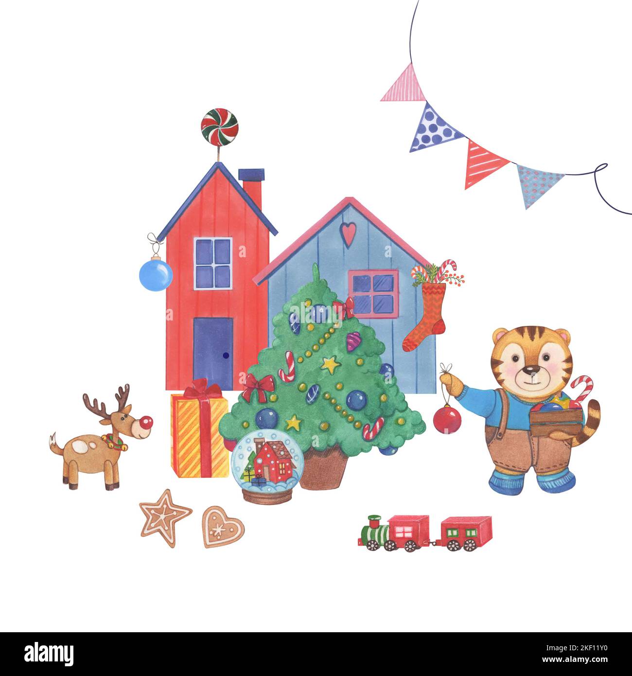 Noël aquarelle tigre, arbre de Noël vert, bonbons, lollypop, maisons d'hiver, sapin et cadeaux. Nouvelle année définie. Banque D'Images