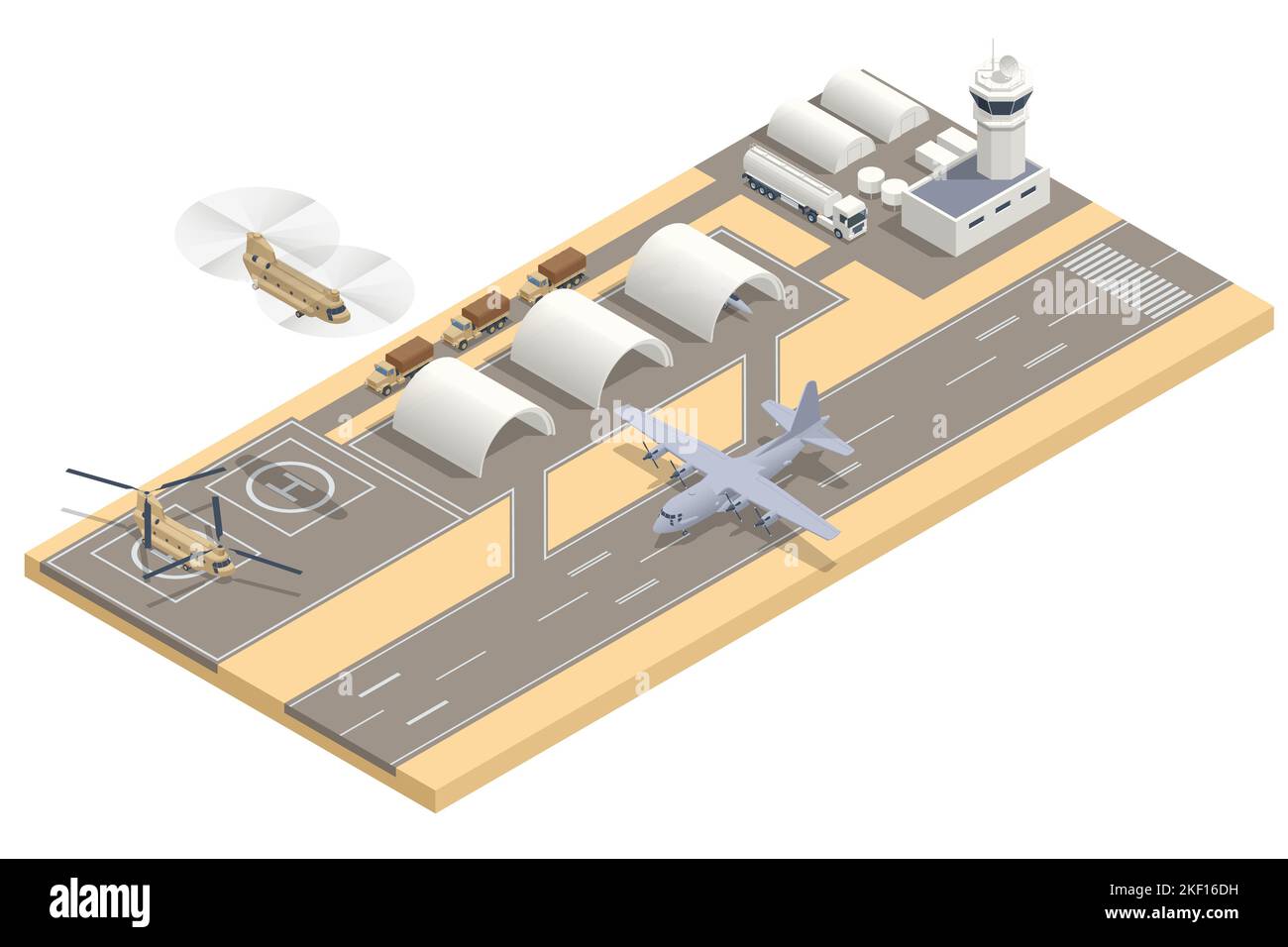 Avions de chasse isométriques militaires, gros avions de transport militaires, hélicoptère de combat, hélicoptère d'attaque garés. Base aérienne militaire Illustration de Vecteur