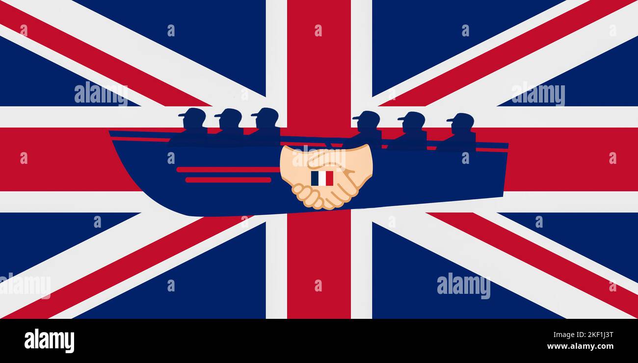 Bateau sur le drapeau britannique avec poignée de main sur le drapeau de la France. Concept, immigration, traversée de la Manche, petits bateaux, demandeurs d'asile, contrôle des frontières, mer... Banque D'Images