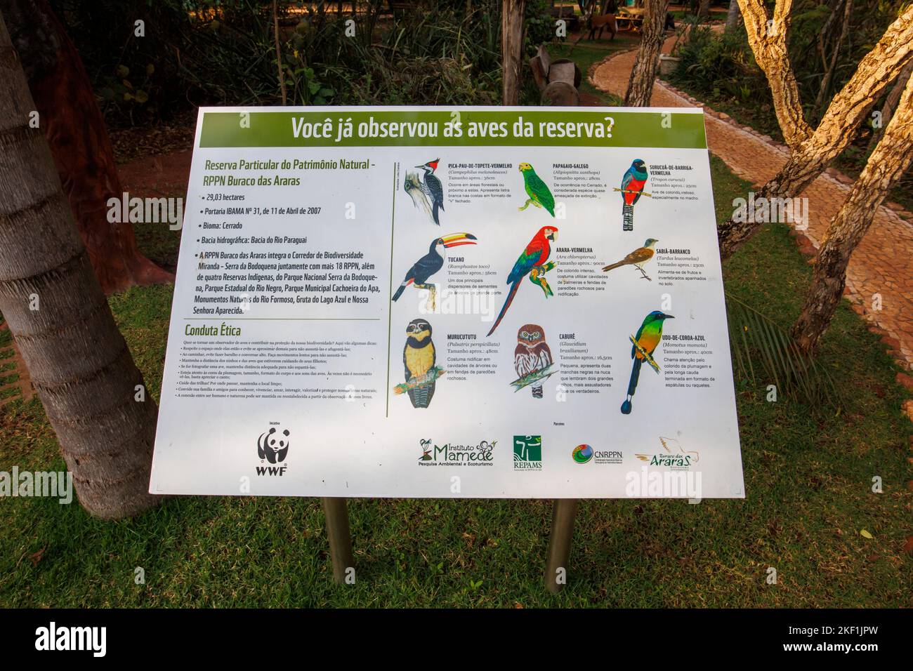 Panneau indiquant les espèces d'oiseaux à l'entrée du Buraco das Araras, un gouffre naturel près de Jardim, Pantanal sud, Mato Grosso do Sul, Brésil Banque D'Images