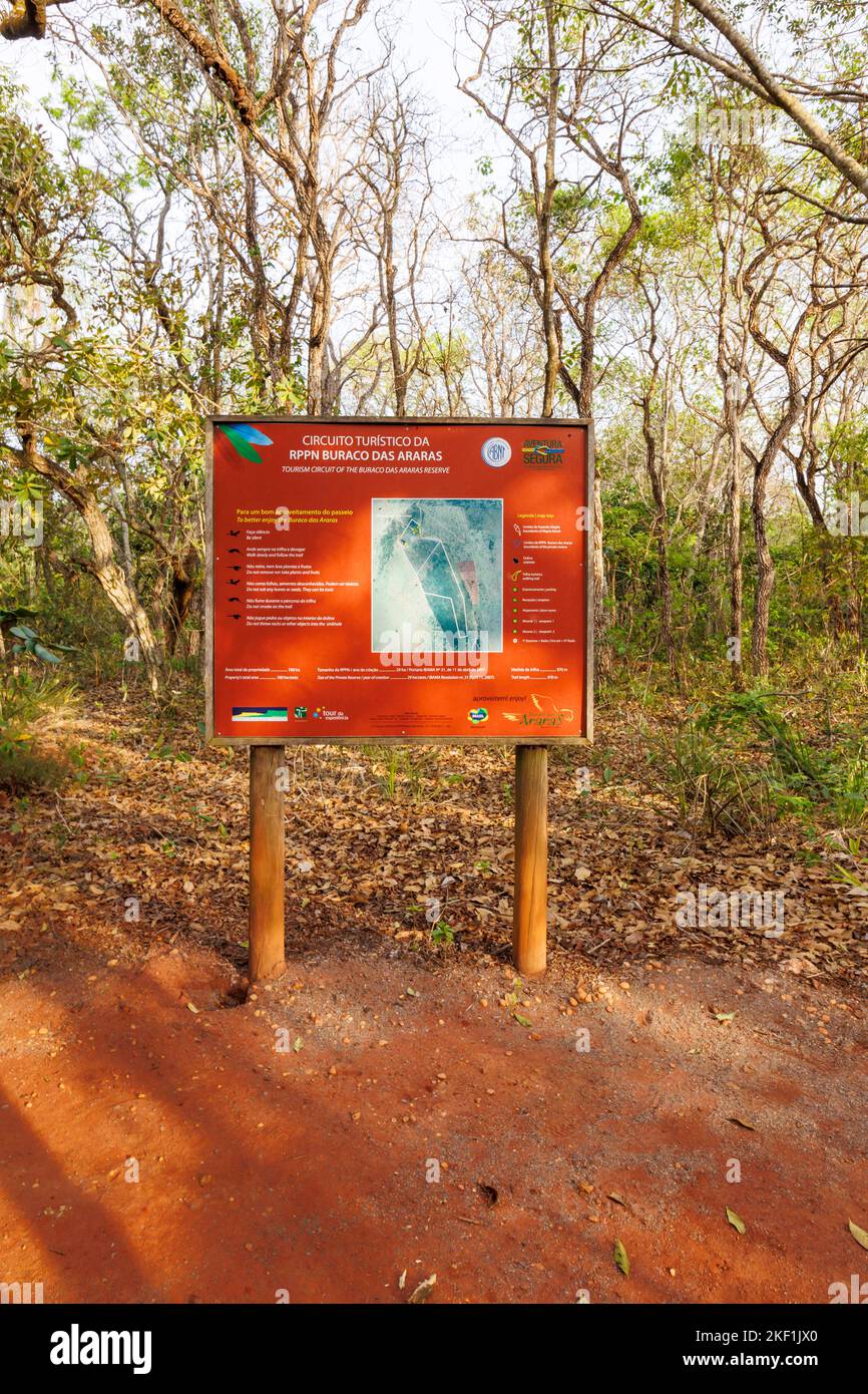 Carte route signe à l'entrée de la Buraco das Araras, un gouffre naturel près de Jardim, sud du Pantanal, Mato Grosso do Sul, Brésil avec des aras Banque D'Images