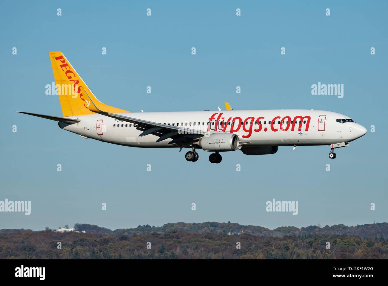 Boeing 737-800 Pegasus turc avec enregistrement TC-CPY sur la finale de la piste 14L de l'aéroport de Cologne Bonn Banque D'Images