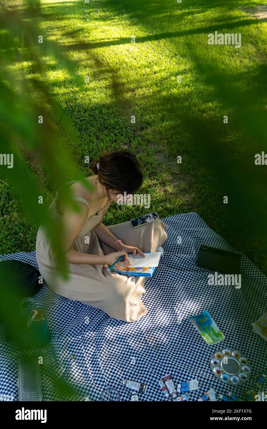 une jeune femme latine peint avec de l'aquarelle lors d'un pique-nique, dans le parc entouré d'herbe et d'arbres Banque D'Images