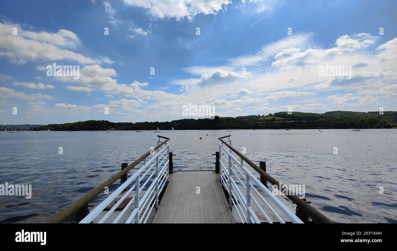 Vue aérienne du pont sur le lac entouré d'arbres denses Banque D'Images