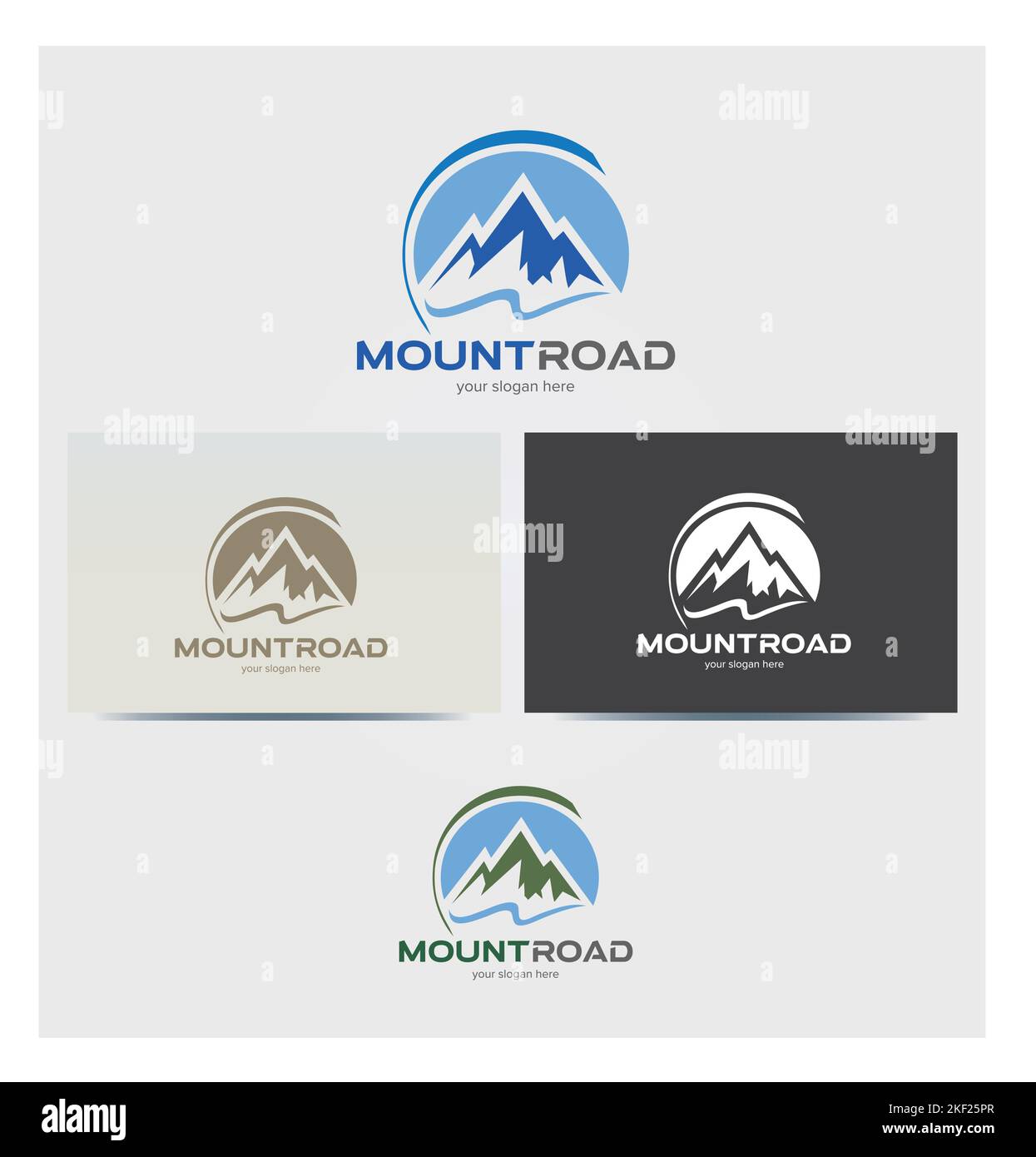 Logo Mountain Road, icône, logo pour les entreprises, maquette de carte en plusieurs couleurs, Bleu, cercle, vague, Peak Illustration de Vecteur