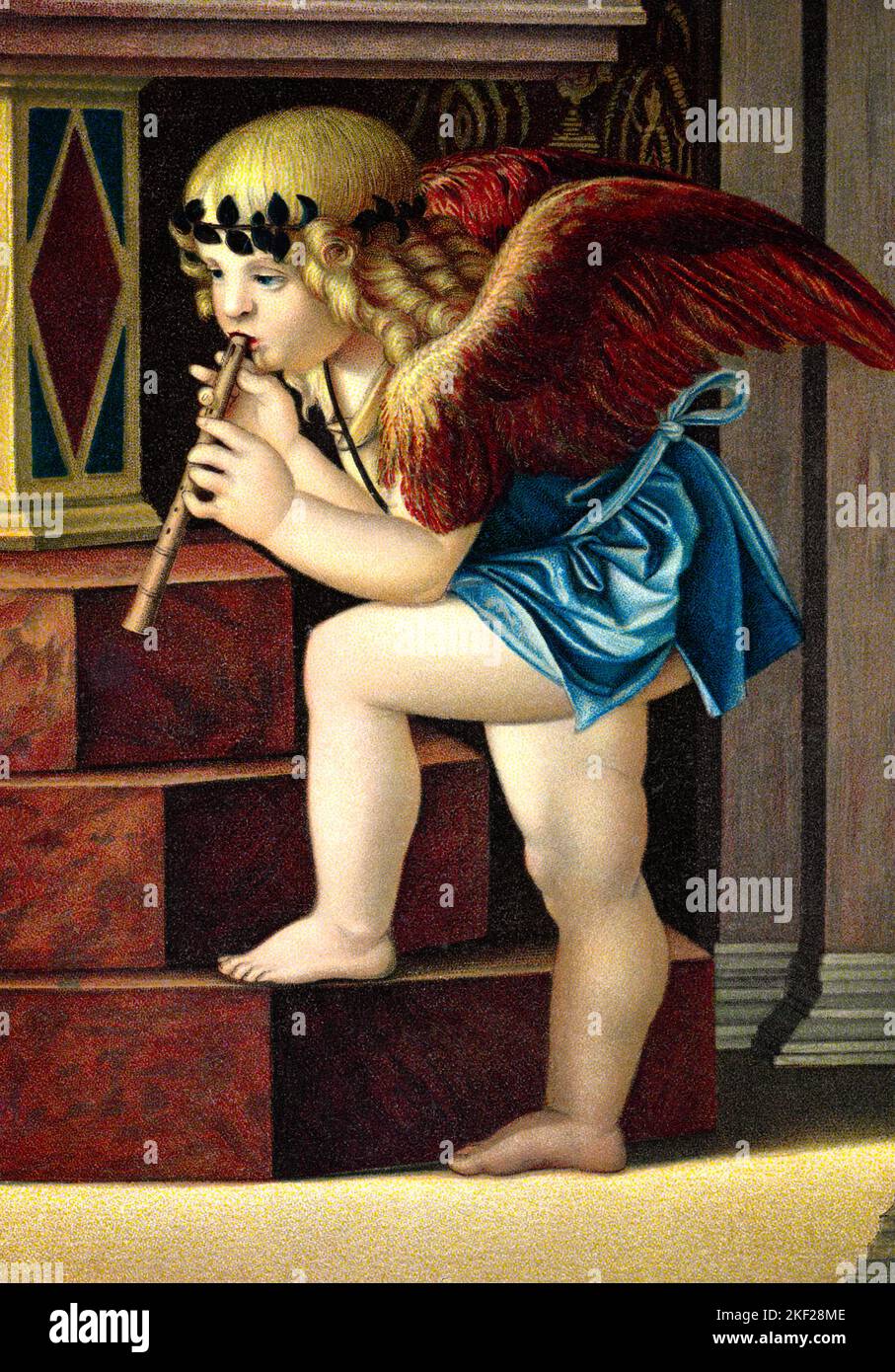 1480S ANGE AILÉ JOUANT FLÛTE DÉTAIL DE LA PLUS GRANDE PEINTURE DE MADONNA PAR GIOVANNI BELLINI DANS LA BASILIQUE DEI FRARI VENISE ITALIE - KA9414 HAR001 HARS À L'ANCIENNE Banque D'Images