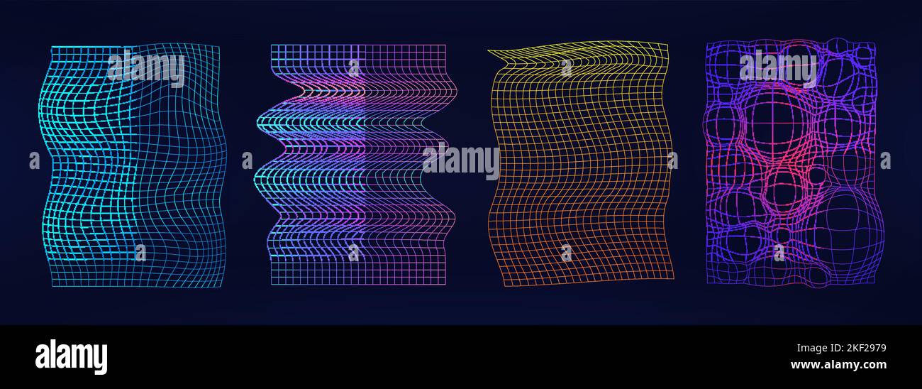Grille au néon rétrofuturiste avec effet de grésilpe et déformation. Formes de 80s-90s Illustration de Vecteur