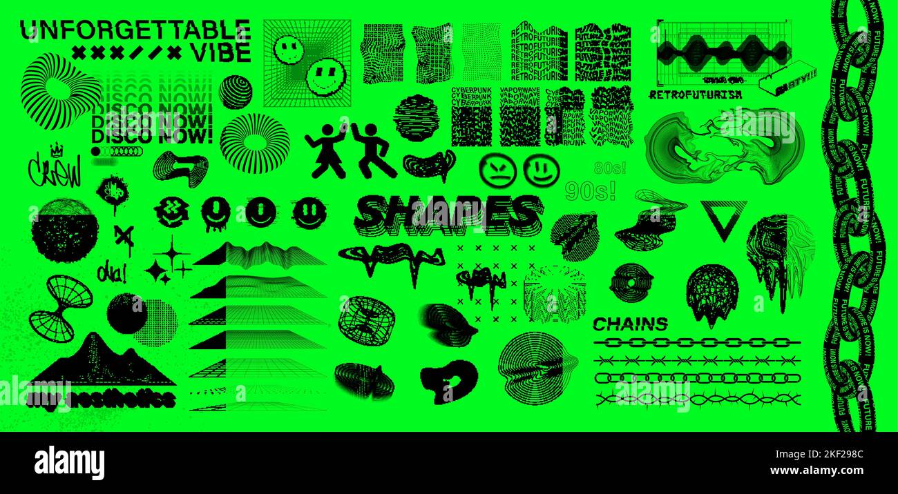 Éléments acides fous. Ensemble de voyage psychédélique. 3D graphique Illustration de Vecteur