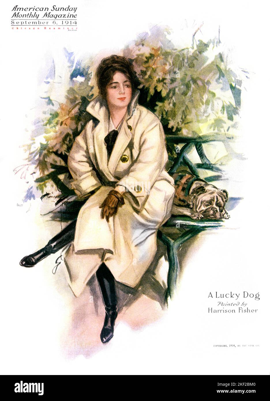 1910S JEUNE FEMME À LA MODE ASSISE SUR LE BANC PARK AVEC SON BULLDOG UN CHIEN CHANCEUX PAR L'ARTISTE HARRISON FISHER MAGAZINE COUVERTURE ART - KH13568 NAW001 HARS COUVERTURE FEMMES ACCUEIL VIE NATURE COPIE ESPACE FEMMES PLEINE LONGUEUR PERSONNES ANIMAUX DE COMPAGNIE ARTISTE REPOS MAMMIFÈRES STYLES CANINES DE BULLDOG SAISON DE LA CHANCE AUTOMNE CHIEN DE CHASSE CHIEN DE RACE ANGLAIS BULLDOG ÉLÉGANT CANINE MODE MAMMIFÈRE JEUNE ADULTE AUTUNAL RACE CAUCASIENNE FEUILLAGE D'AUTOMNE HARRISON À L'ANCIENNE Banque D'Images