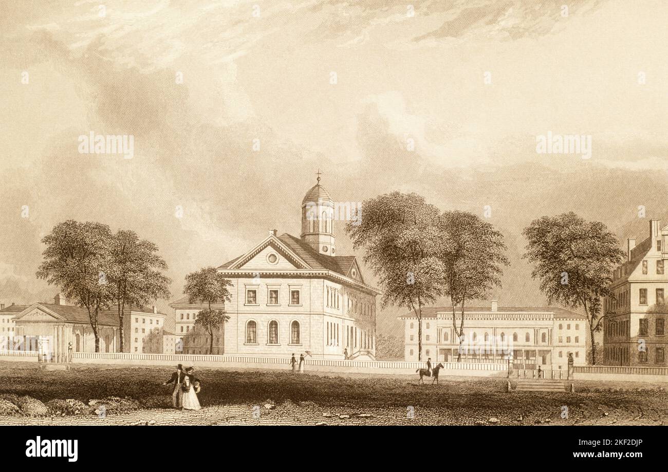 1850S CAMPUS DE L'UNIVERSITÉ DE HARVARD DE L'HISTOIRE DE JOHN HINTON DES ÉTATS-UNIS CAMBRIDGE MASSACHUSETTS ÉTATS-UNIS - KO4277 NAW001 HARS COLLEGE EDIFICE HARVARD CAMBRIDGE 1850S MA NOIR ET BLANC ANCIEN MODE Banque D'Images