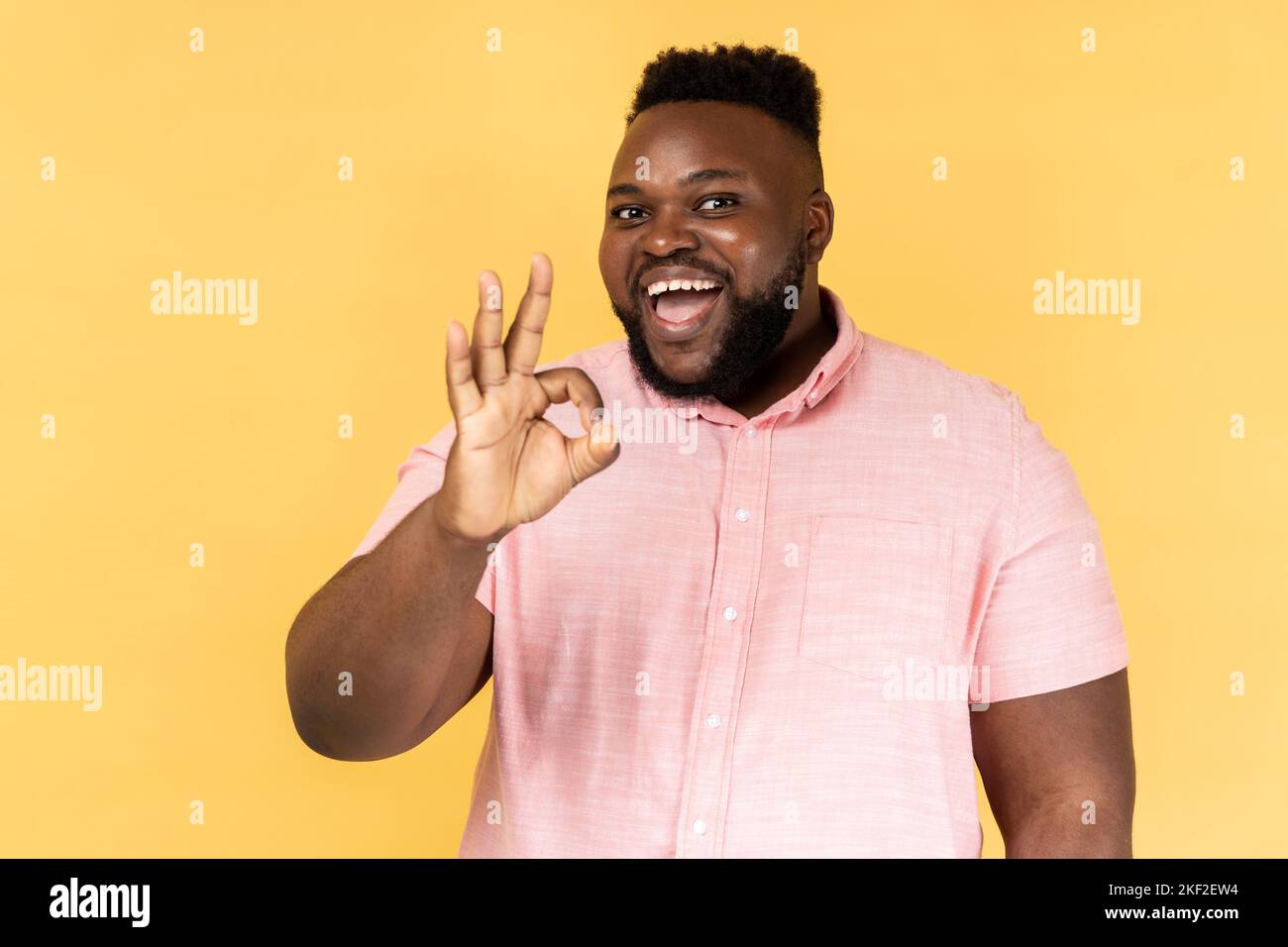 OK, approbation. Portrait de l'homme beau portant une chemise rose faisant un geste correct et souriant avec joyeux expression satisfaite. Studio d'intérieur isolé sur fond jaune. Banque D'Images