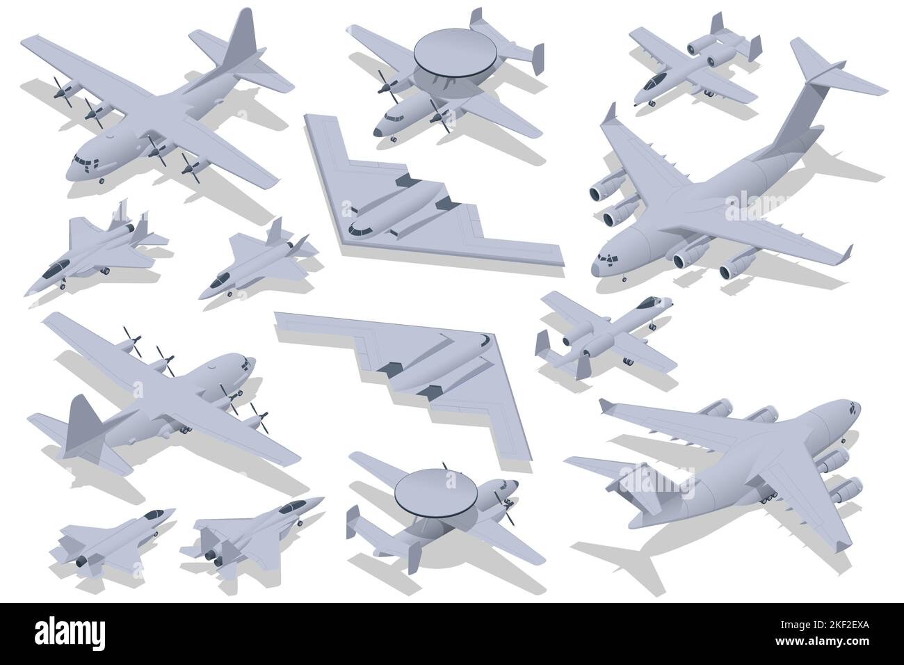 Ensemble isométrique de la Force aérienne de l'aviation militaire. Avion d'attaque, bombardier lourd stratégique furtif, avion de transport aérien stratégique et tactique, Aviation militaire Illustration de Vecteur