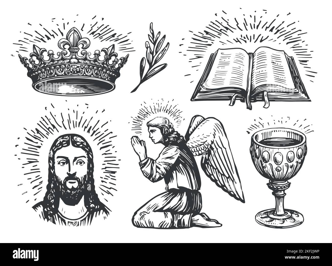 Ange priant, Portrait face Jésus Christ, Saint Graal, Livre de Bible ouvert, couronne céleste, branche d'Olive. Symboles religieux Illustration de Vecteur